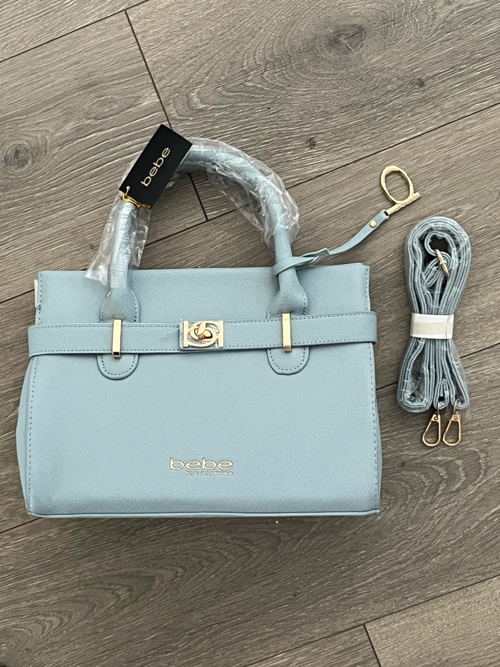 NWT Bebe Light Blue Structured Evie Satchel with Gold Hardware
